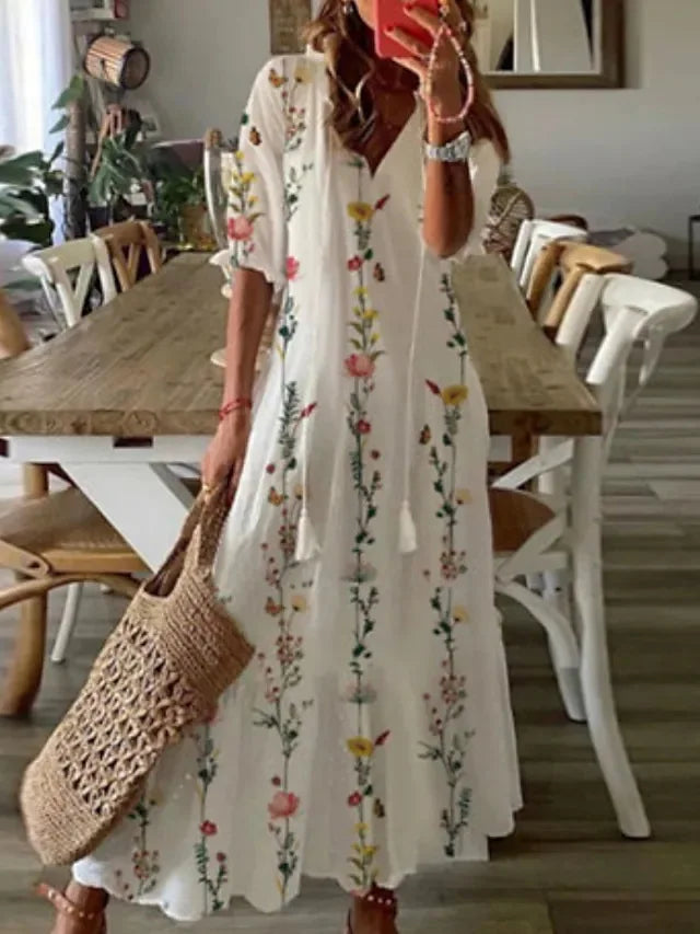 New Women's Spring Summer Dress Sexy V-neck Drawstring Printed Long-sleeved Dress Casual Loose Fashion Elegant Fresh Sweet Dress