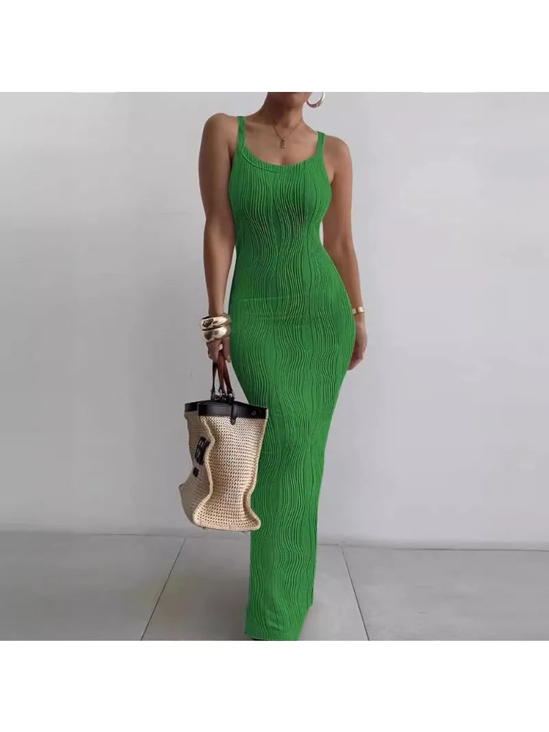 Mandylandy Tight Sexy Bodycon Dress Women Summer Slim Fits High Waist Camis Sleeveless Dress High Waist Skinny Long Dresses