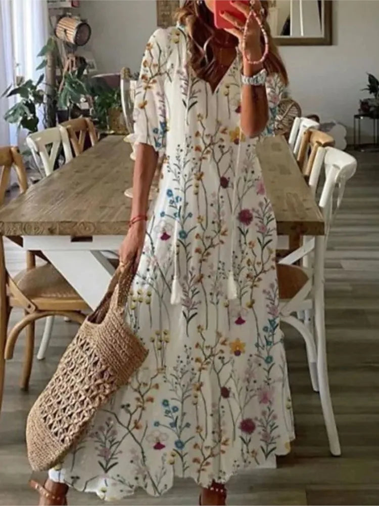 New Women's Spring Summer Dress Sexy V-neck Drawstring Printed Long-sleeved Dress Casual Loose Fashion Elegant Fresh Sweet Dress