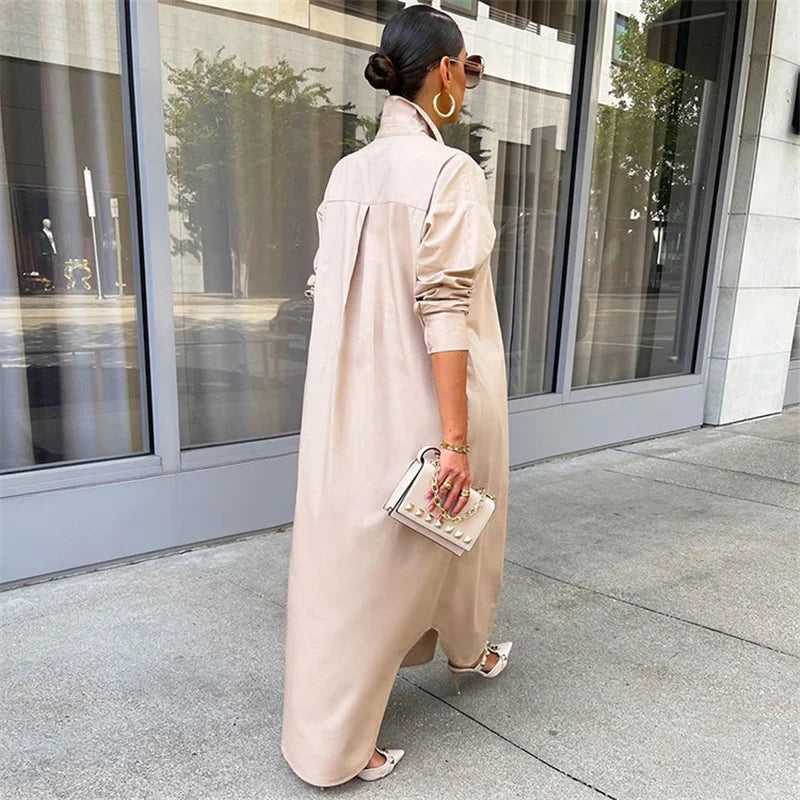 Spring Summer Long Sleeve Shirt Dress Women Turn-down Collar Button Up Straight Maxi Dress Loose Casual Long Dresses Vestidos