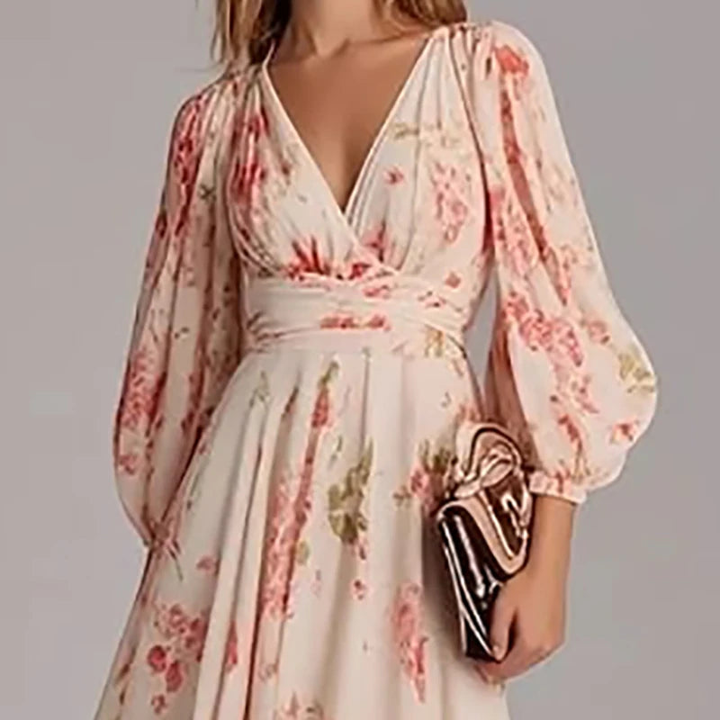 Spring Women V Nec Floral Print Long Sleeve Party Dress Ladies Commute A-Line Pullover Pleated Dress Vestidos Bohemian Dress 202