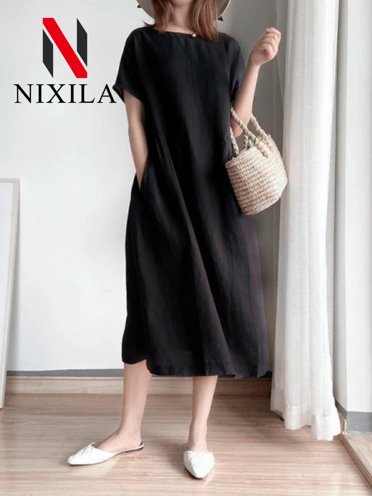 New in Spring Summer Women's Dress Elegant Casual Loose Short Sleeve Tops A-LINE Oversize Solid Midi Dresses for Women Clothing