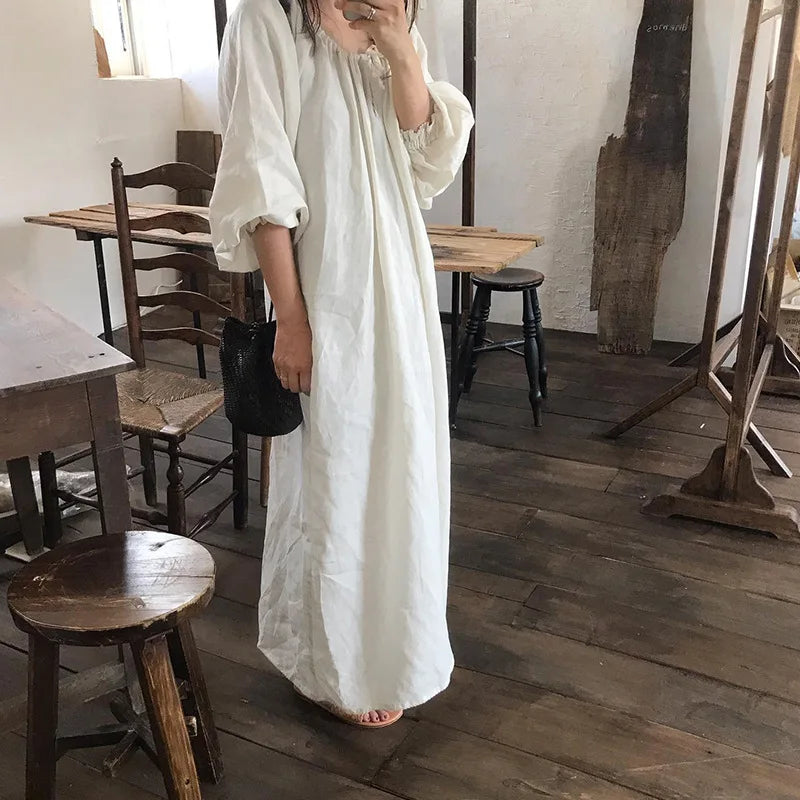 2025 New Spring Cotton Linen Dress for Women Solid Long Sleeve Drawstring Office Lady Elegant Maxi Dress