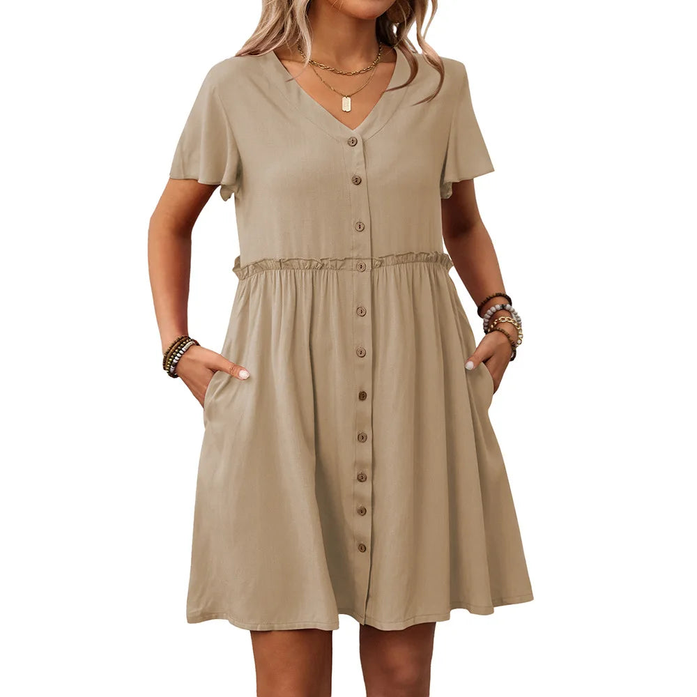Spring Summer Button Down Dress Flutter Sleeve Cotton Linen A Line Dress With Pockets Beach Summer Knee Length Dresses For Women