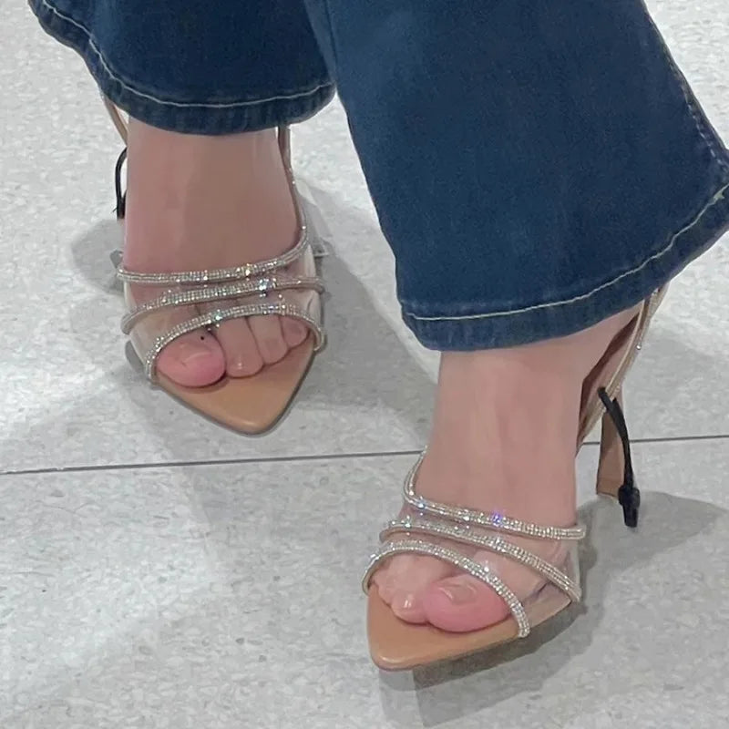 Thin Heel High Heels Women's 2024 Summer New Fairy Style Sexy Shallow Mouth Back Hollow Pointed Water Diamond Open Toe Sandals