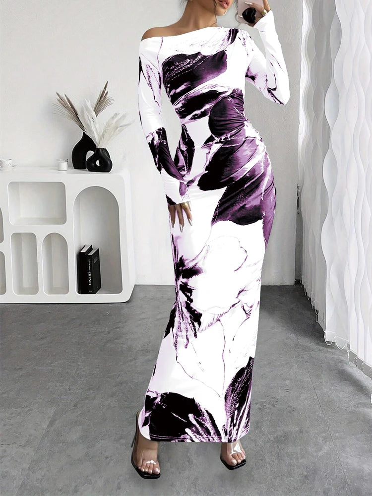 Spring and summer new women's off shoulder slim fit sexy dress, stylish and elegant printed tight fitting long skirt
