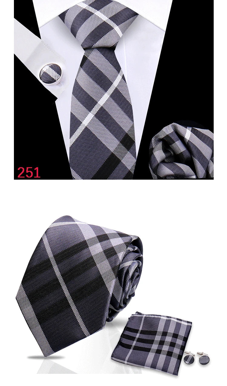 Luxury Plaid Tie For Mens Necktie Handkerchief Pocket Square Cufflinks Set Jacquard Woven Ties Wedding Business Accessories