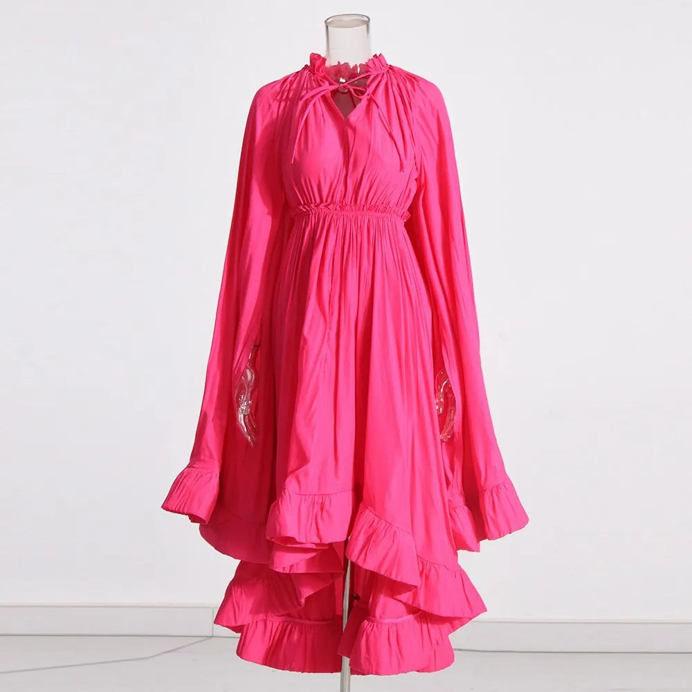 TWOTWINSTYLE Elegant Solid Dresses For Women V Neck Cloak Sleeves High Waist Spliced Lace Up Ruffles Pleated Dress Female Summer