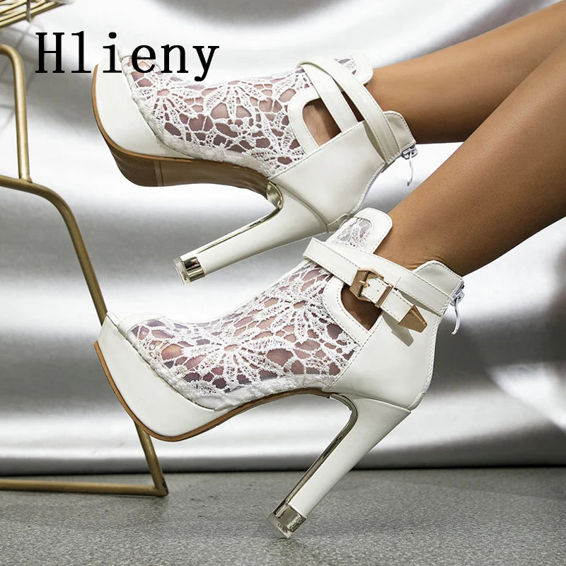 Hlieny Autumn Sexy Mesh Fabric Platform High Heels Boots Sandals Women Peep Toe Nightclub Party Stiletto Female Shoes