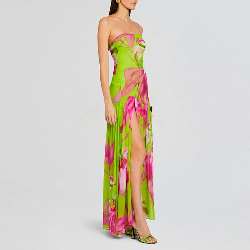Women's Trendy Printed French Dresses Spring Sexy Strapless Split Hem Pleated Dress Summer Off Shoulder Backless Boho Long Dress