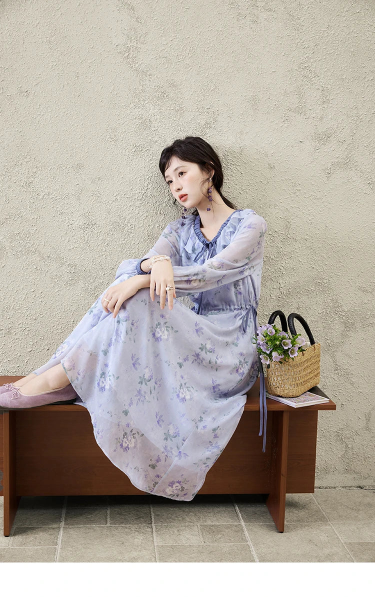 MISHOW Print Spring Summer Dress for Women New 2025 Ruffled V-neck Long Sleeve Blue French Dresses Female Fashion MXE15L2139