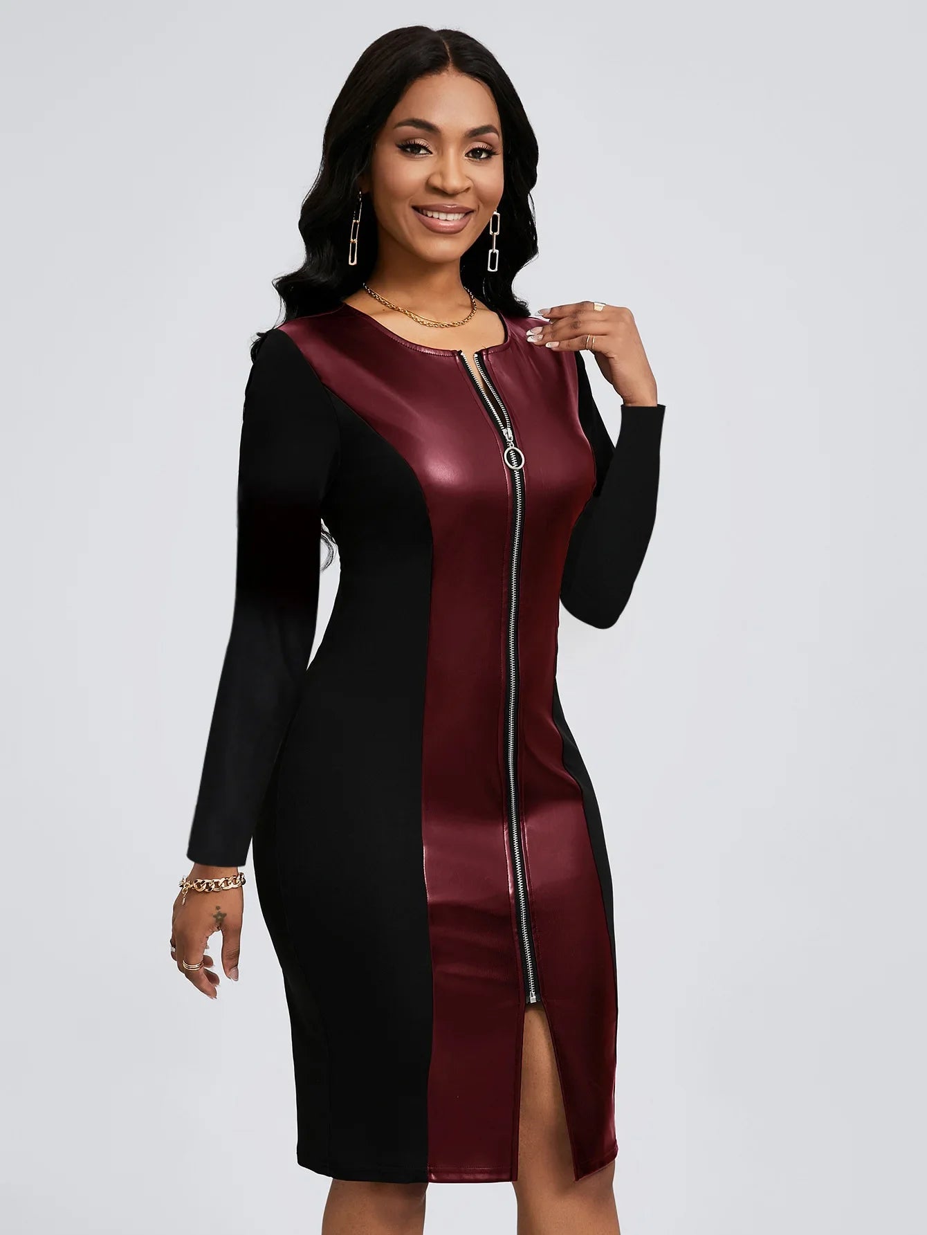 Plus Size Elegant Zipper PU Leather V-Neck Midi Long Sleeve Bodycon Dress Women's plus Size Dress Fashionable Cross-Border Gown