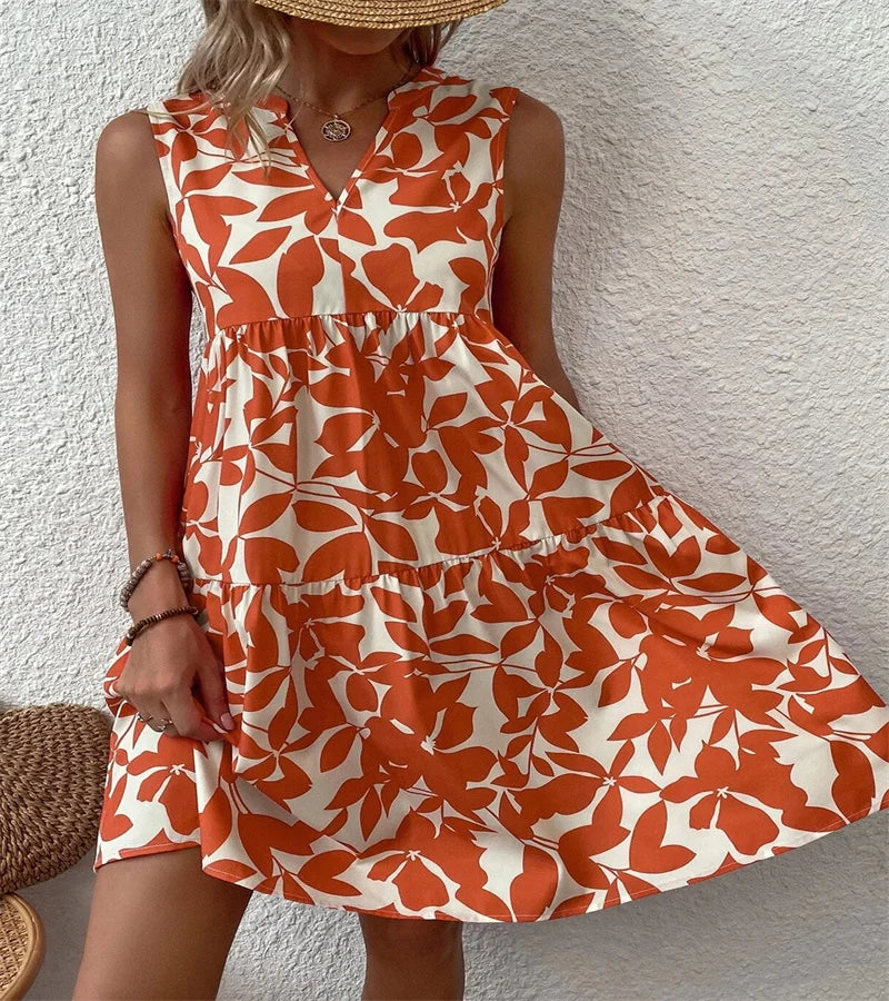 Spring and summer 2024 European and n Ladies Elegant Dress Bohemian fashion loose V-neck ruffle print dress
