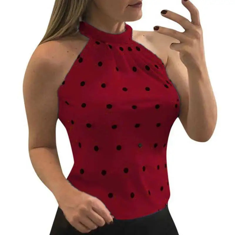 Summer T Shirt Women 2023 New Wave Point Printed Spot Female Neck Halter Sleeveless Female Tee Tshirts Dropshipping AYJ046