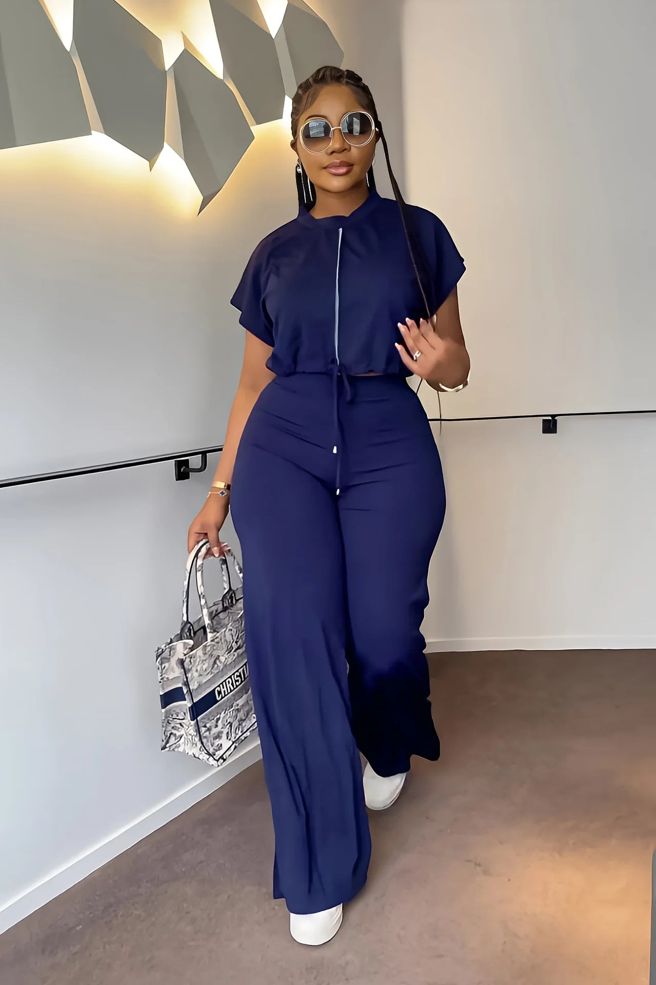 Women Casual Round Neck Drawstring Short Sleeve Top & High Waist Pants Set Summer Solid Two Piece Suit Sets Outfits Set Female