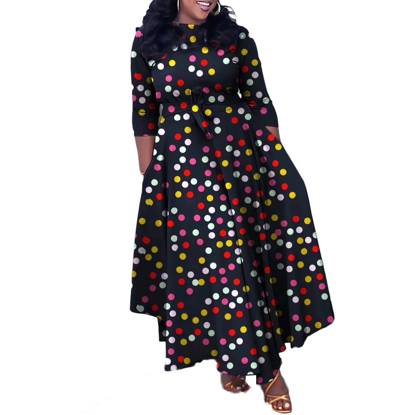 Women's 2024 Autumn New Style Fashionable Elegant Temperament Fashionable Printed Strap Waist Large Skirt Large Size Dress