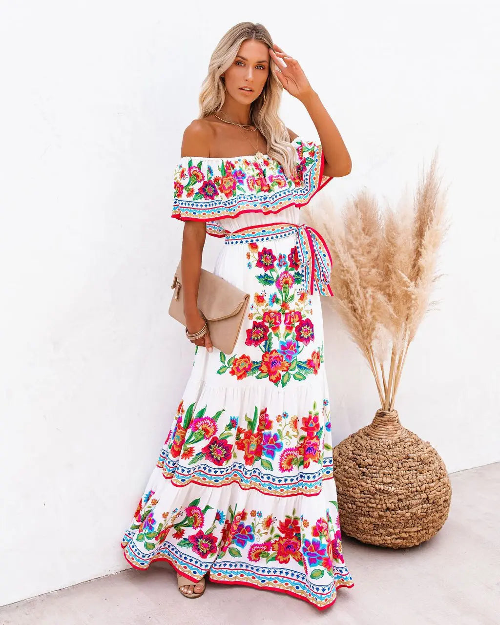 2024 Spring Summer Women's New Sexy One Shoulder Off Shoulder Fashion Red Flower Printed Lace Up Waist Long Swing Dress