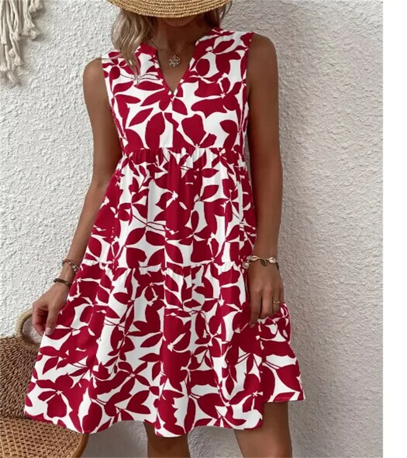 Spring and summer 2024 European and n Ladies Elegant Dress Bohemian fashion loose V-neck ruffle print dress
