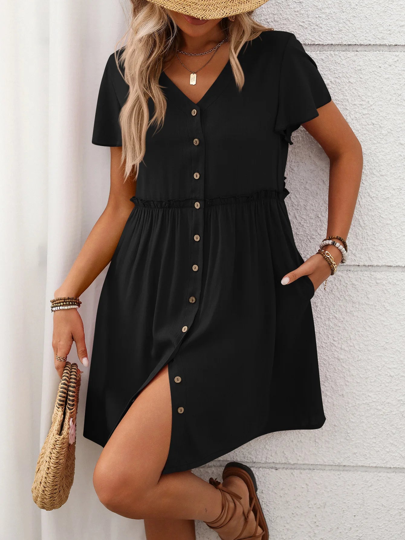 Spring Summer Button Down Dress Flutter Sleeve Cotton Linen A Line Dress With Pockets Beach Summer Knee Length Dresses For Women