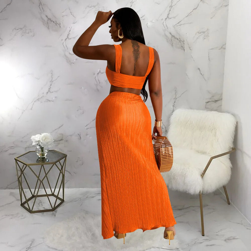 Summer Dresses for Women Two Pieces Set Sexy Backless Halter Top and High Waist Side Slit Pleated Skirt Matching Lady Streetwear