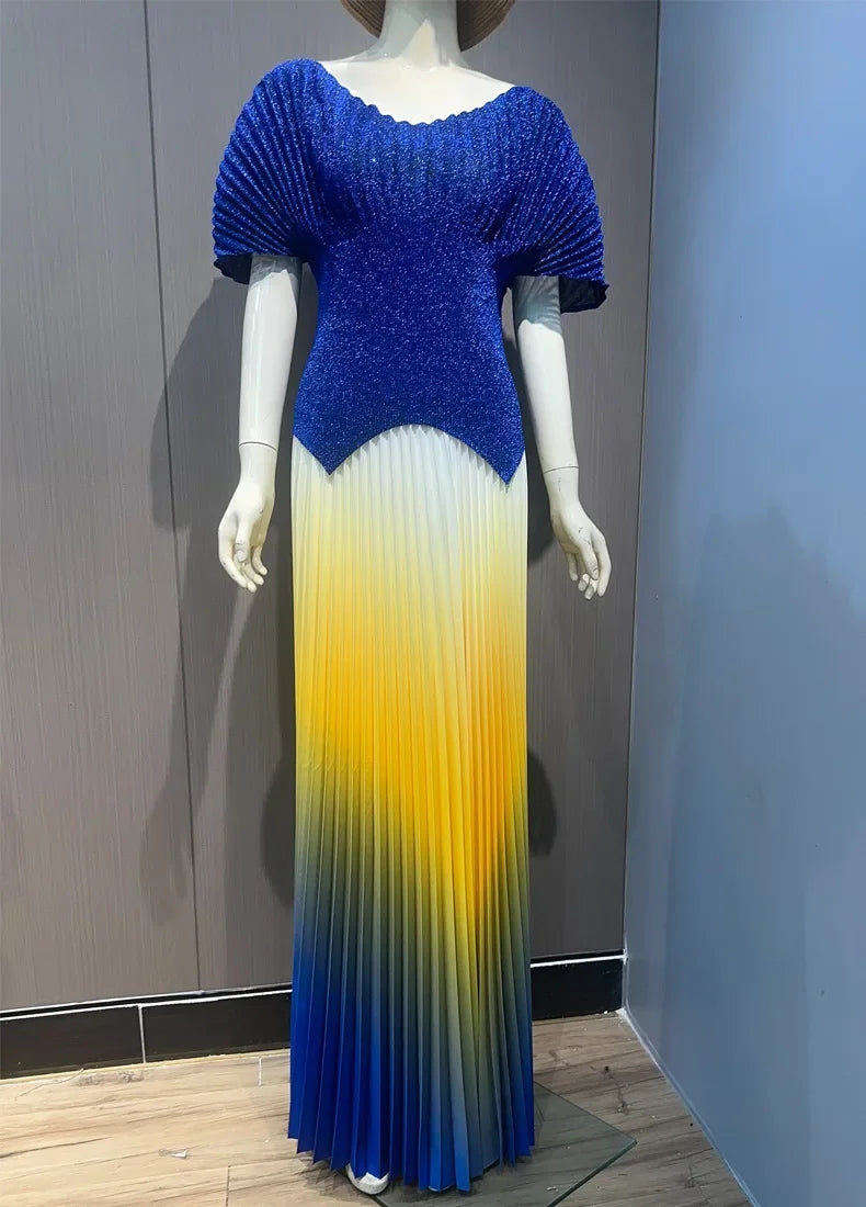 ANLAN Pleated 2 Pieces Set Women Fashion V Neck Short Batwing Sleeves Irregular Hem T-shirt&New Gradient A-line Folds Long Skirt