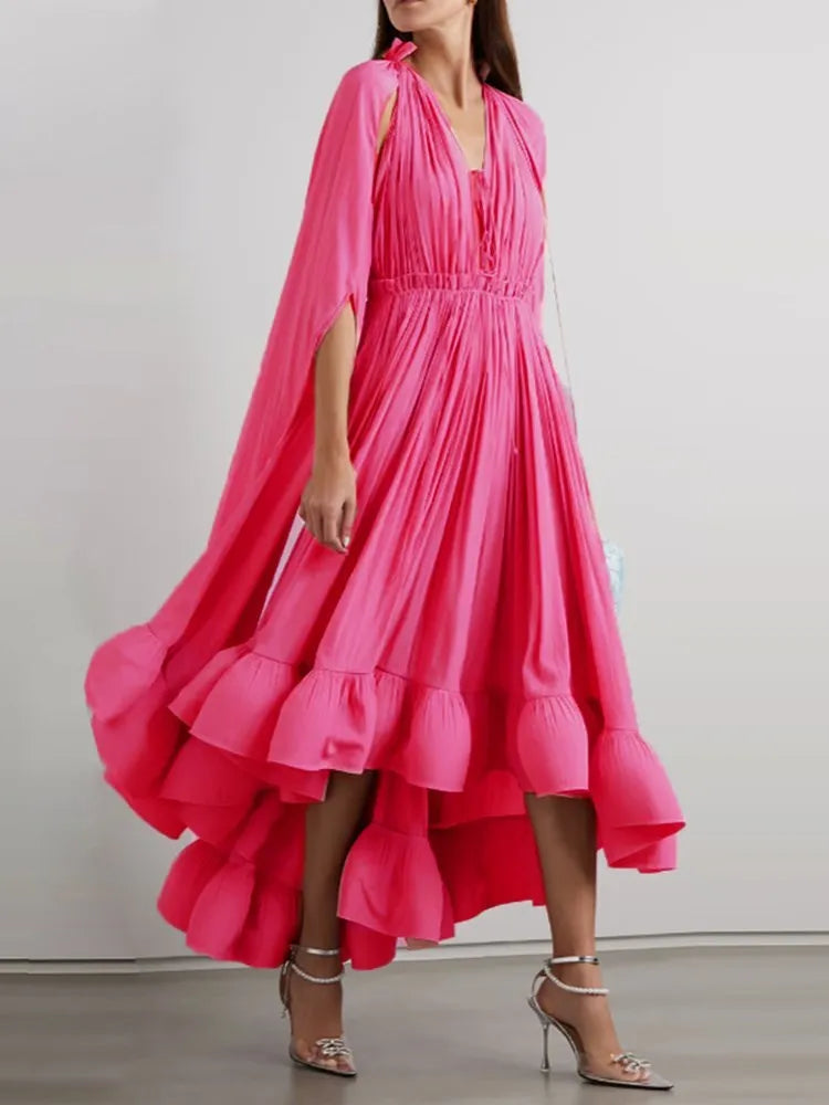 TWOTWINSTYLE Elegant Solid Dresses For Women V Neck Cloak Sleeves High Waist Spliced Lace Up Ruffles Pleated Dress Female Summer