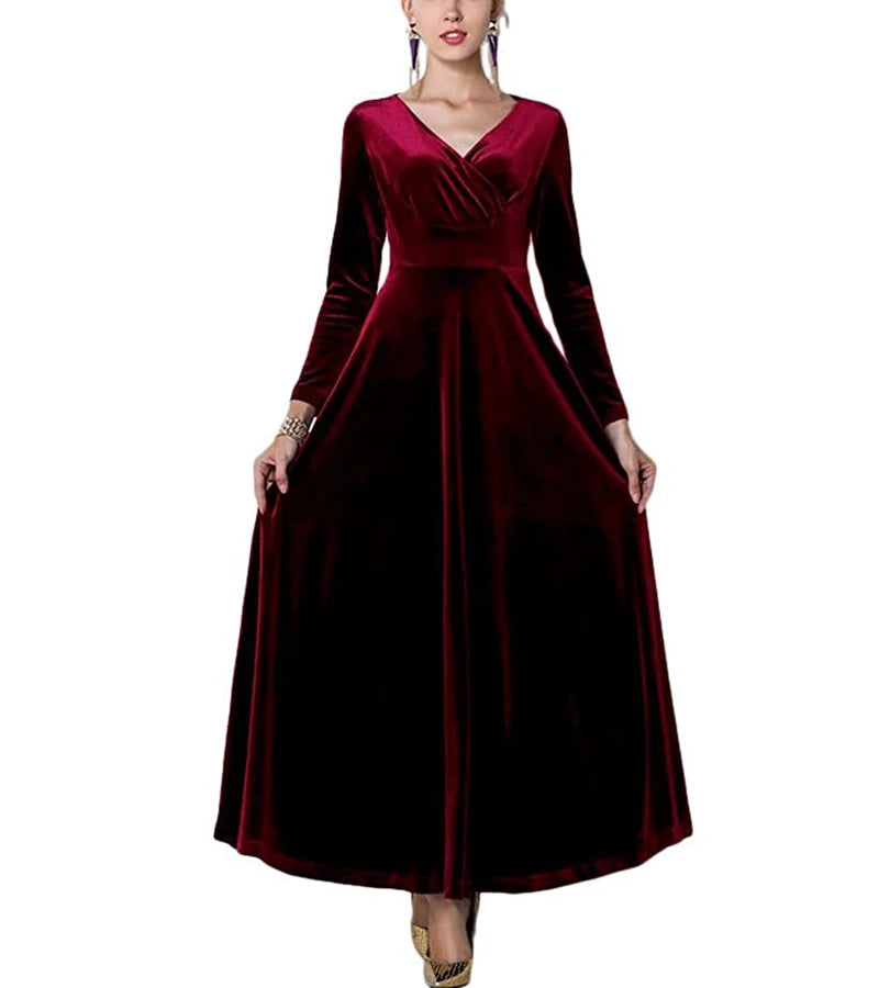 Autumn New 2023 Long Dress Cocktail Party Evening Elegant V Neck Velvet Formal Robe Gown Maxi Dress For Women Clothing Vestidos