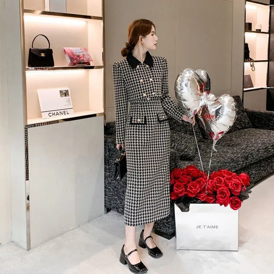 Spring Autumn New Dress Set Women Turn-down Collar Long Sleeve Button Patchwork Cardigan Elegant Slim All-match Slip Dresses