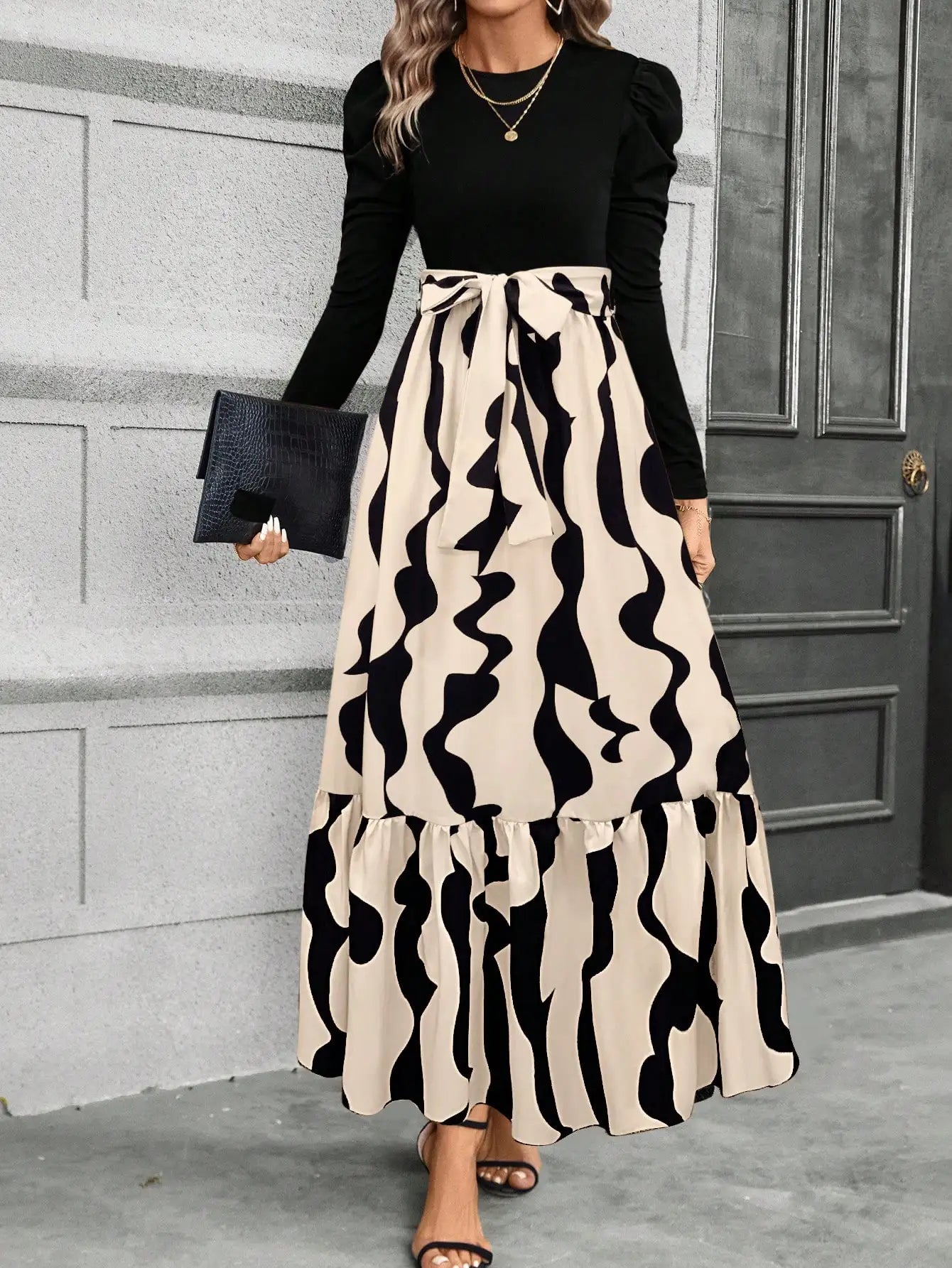 Spring and summer color combination high-waisted flower print dress woman elegant