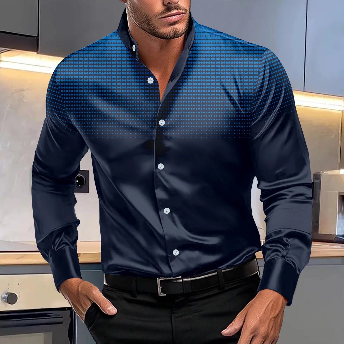 Spring autumn men's fashion evening dress four round polka dot printed long-sleeved shirt stand collar gradient top
