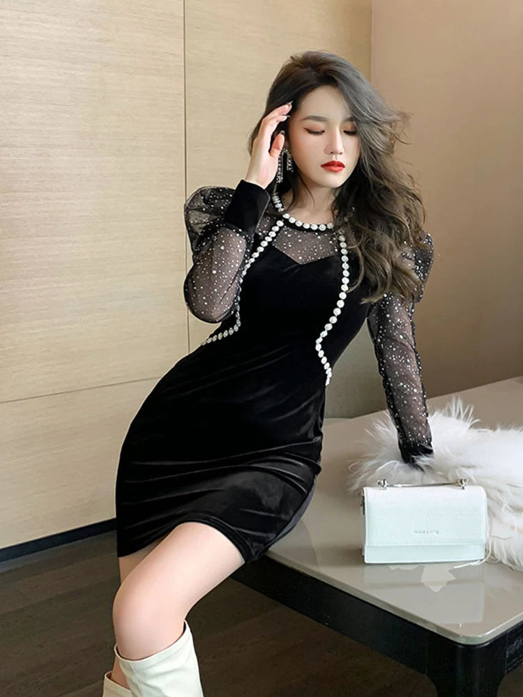 Spring Women Mini Dress French Court Retro Black Mesh Patcchwork Appliques Flower Puff Long Sleeve Bag Hip Vestidos Para Mujer