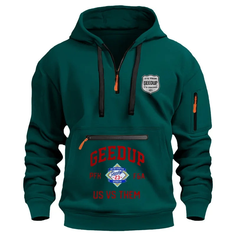 Men's casual sports hoodie, spring and autumn fashion arm pocket pull rope hooded solid color loose long-sleeved blouse pullover