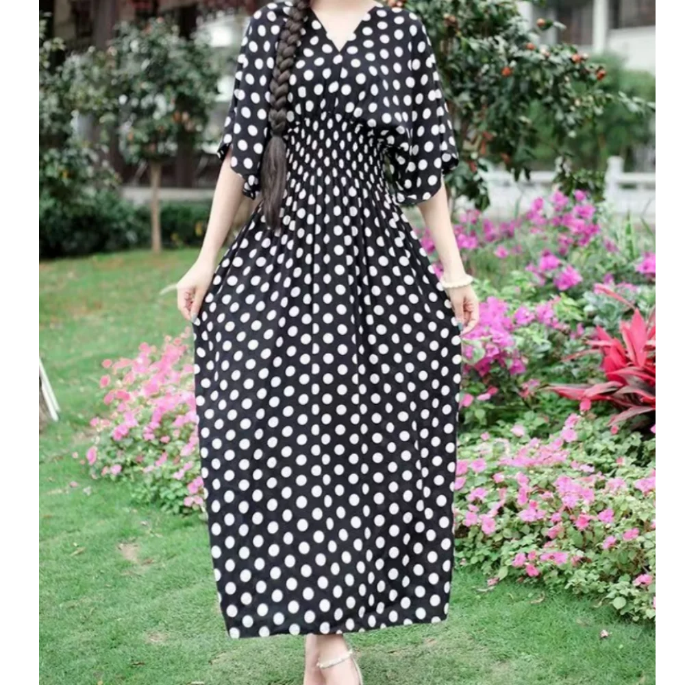 Spring New In Women's Dress V-Neck Short Sleeve Dress Elegant Sweet Print Dress Casual Retro Boho Elastic Waist A-Line Dress
