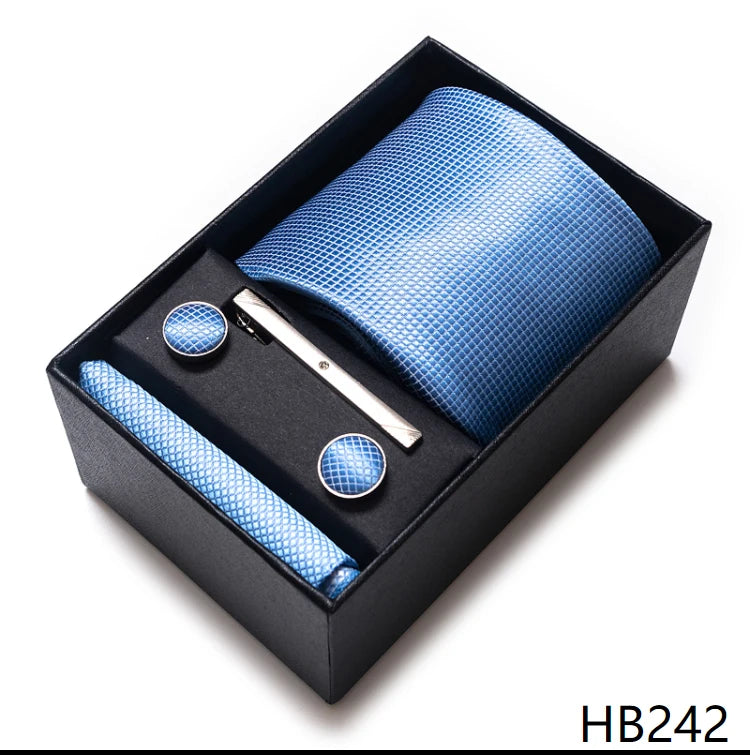 Tie Handkerchief Cufflink Set For Men Necktie Holiday Gift Box Blue Gold Suit Accessories Slim Wedding Gravatas