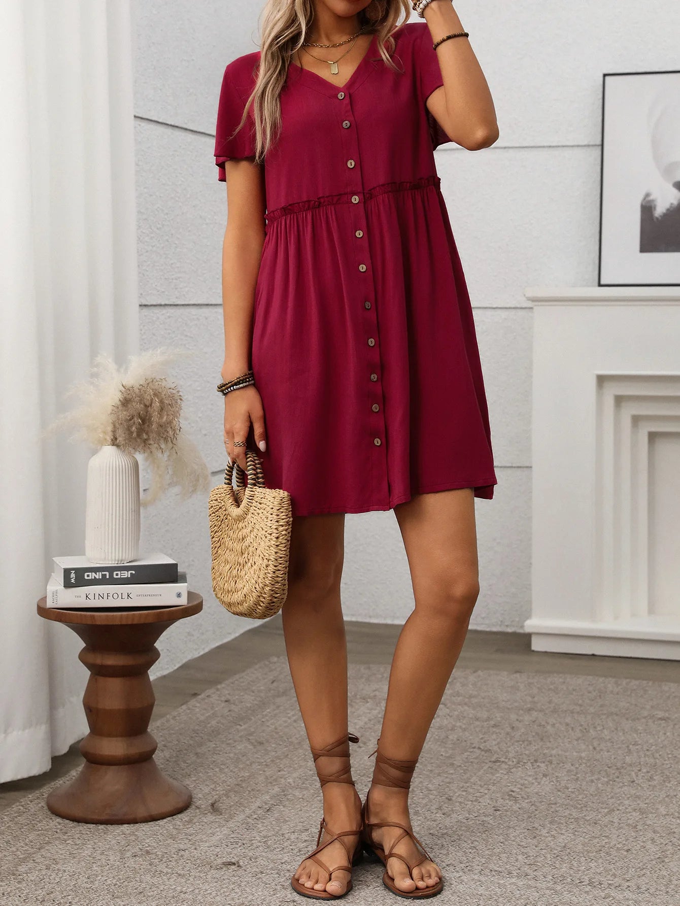 Spring Summer Button Down Dress Flutter Sleeve Cotton Linen A Line Dress With Pockets Beach Summer Knee Length Dresses For Women