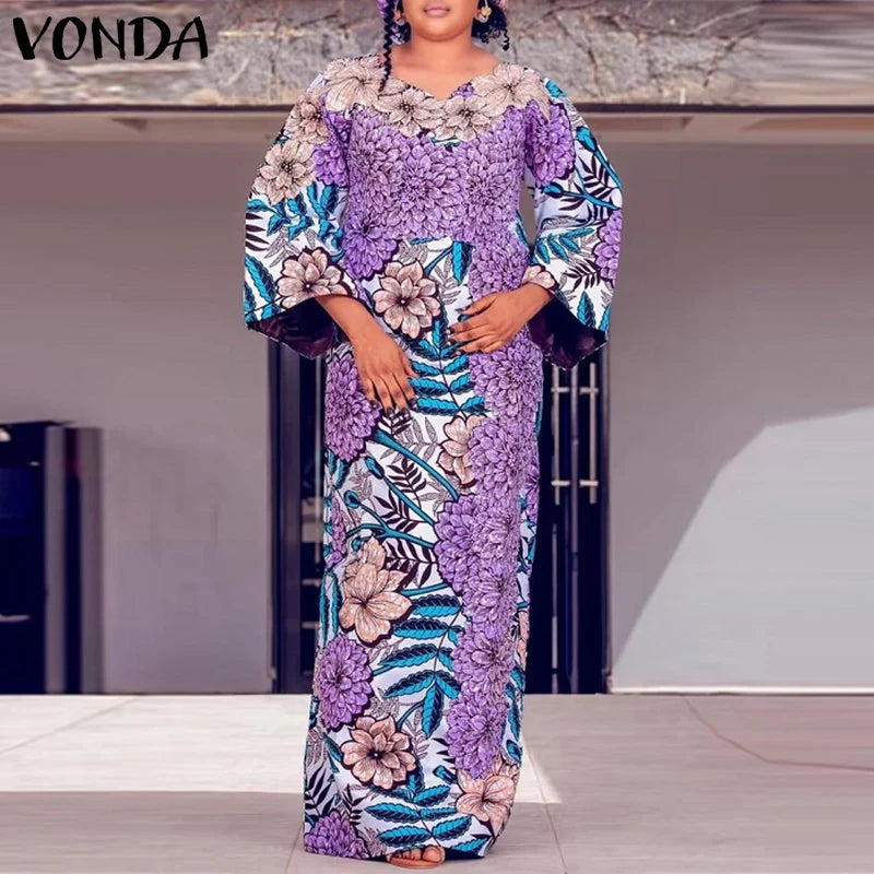 VONDA Bohemian Maxi Dress 2024 Elegant Floral Print Sundress Women Long Sleeve Casual Vestidos Holiday Casual Robe Oversized