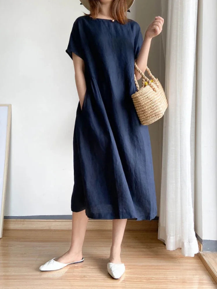 New in Spring Summer Women's Dress Elegant Casual Loose Short Sleeve Tops A-LINE Oversize Solid Midi Dresses for Women Clothing