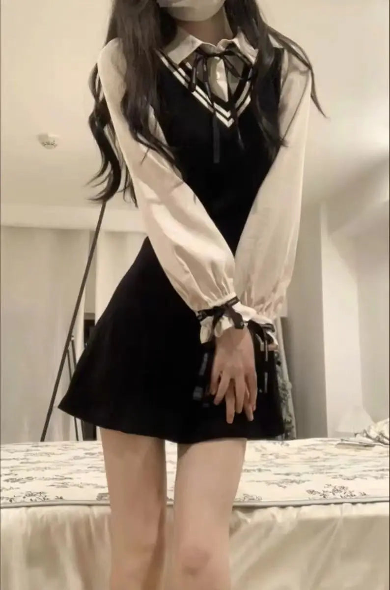 Spring Summer Fashion Fake Two Pieces Dresses Women High Street Turn-down Collar Long Sleeve Dress Elegant Button Bow Vestidos