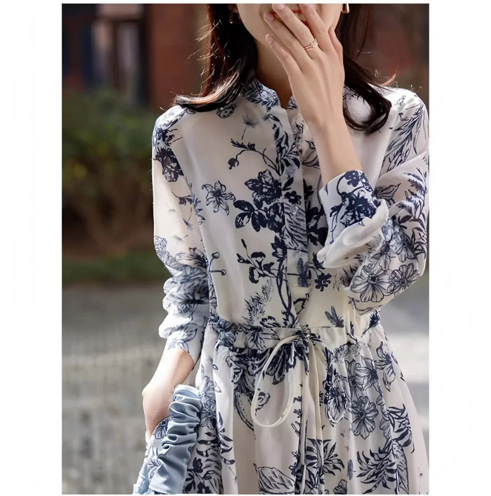 Women's spring and fall vintage print dress interpretation of elegant temperament lace-up slim French long sleeve long skirt