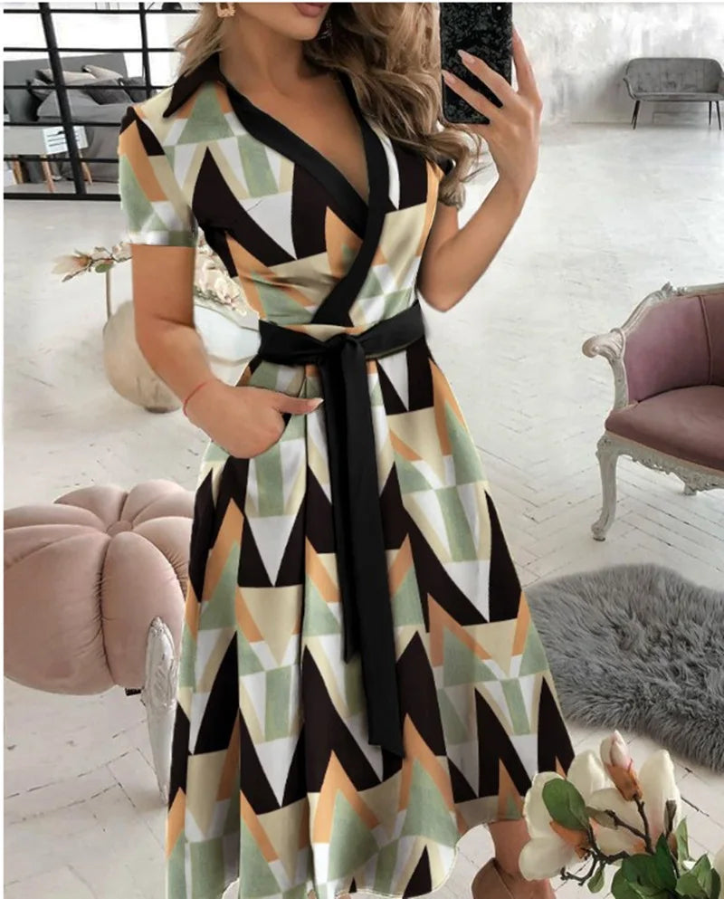 Women's New Short Sleeve Dress Spring Summer Fashion V-neck Printed Bag Hip Dress for Women Temperament Personality Wear