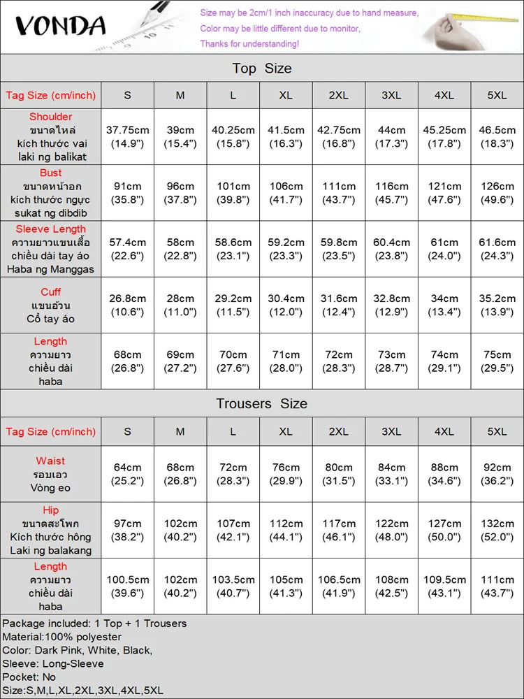 Plus Size VONDA 2024 Women Ruffled Sets Fashion Solid Color Suits Long Sleeve Irregular Top Patchwork Fitting Outfits 2pcs