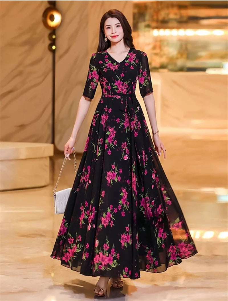 Womens Dresses Fashion Summer Dresses 2024 Summer Senior red Print Dress Long Loose Temperament Waist Loose Big Swing Dress