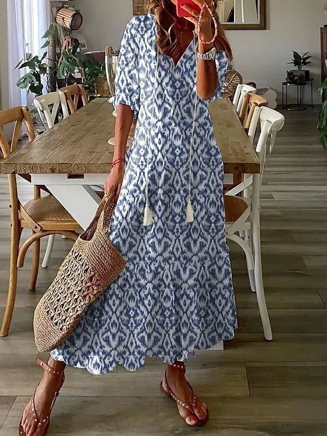 New Women's Spring Summer Dress Sexy V-neck Drawstring Printed Long-sleeved Dress Casual Loose Fashion Elegant Fresh Sweet Dress