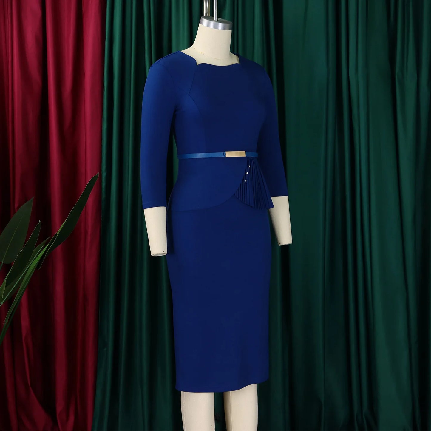 L-3XL Plus Size Elegant Midi Dress 2025 Spring Summer Women Office Lady Dress Casual 3/4 Sleeve Bandage Robe Oversize Dress