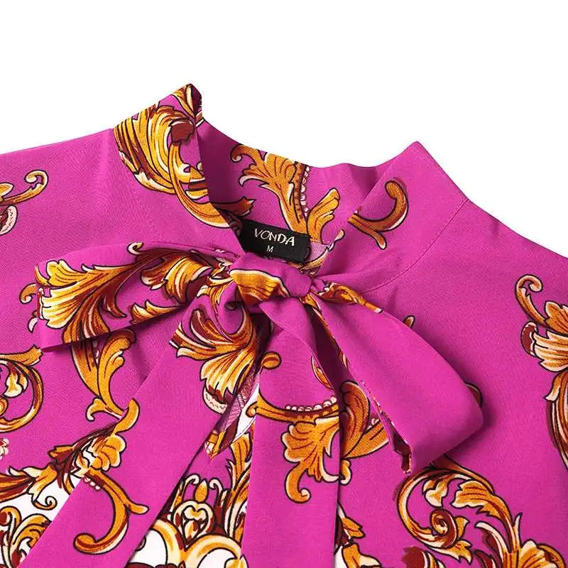 VONDA Maxi Dress 2024 Summer Women Bohemian Printed Party Sundress Long Sleeve Stand Collar Casual Robe Holiday Vestidos Belted