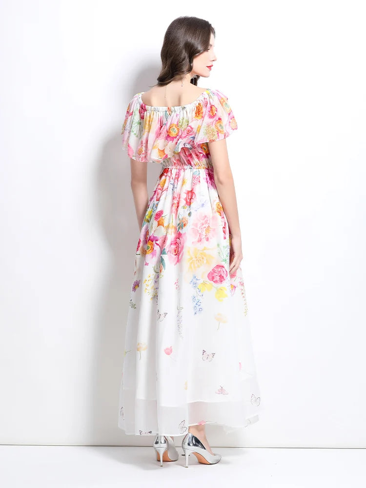 Summer French Floral Chiffon Dress Women Off Shoulder Slim High Quality Sheer Elastic Spring Vacation Print Ruffles Long Dresses