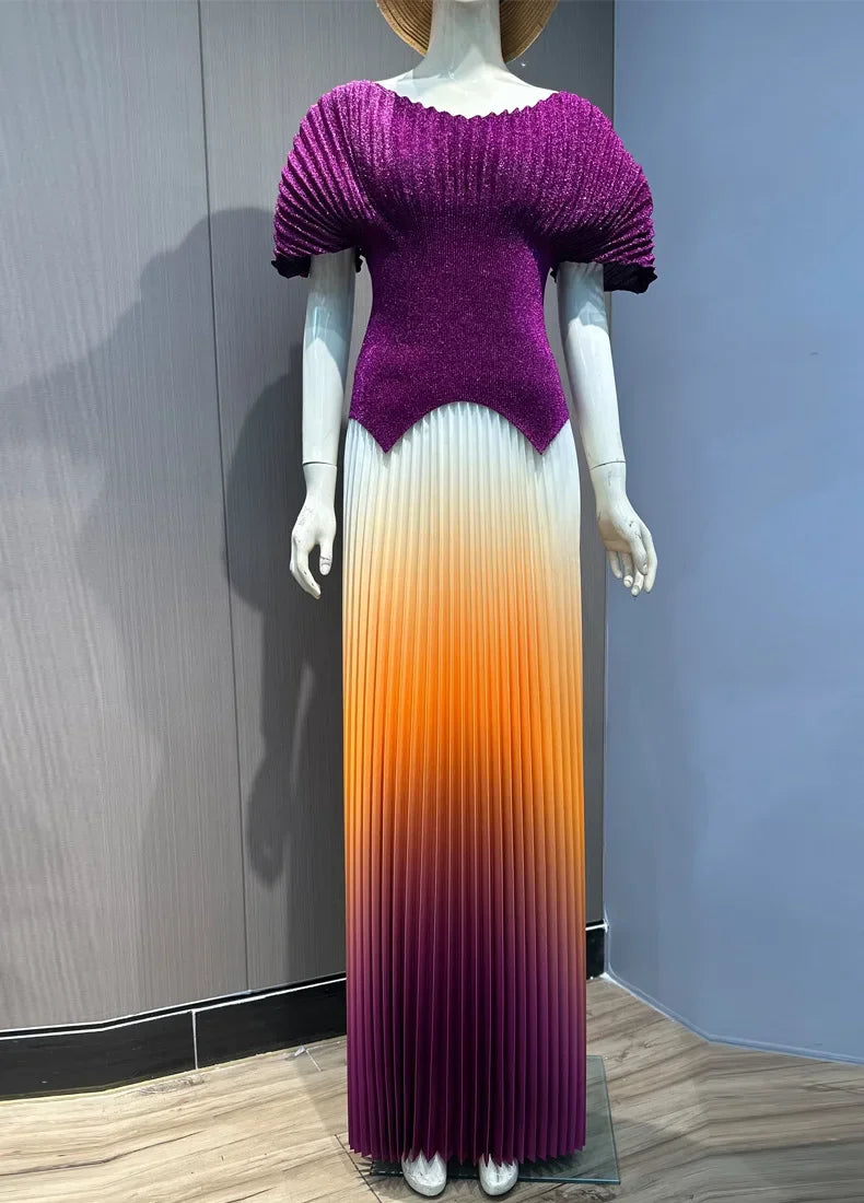 ANLAN Pleated 2 Pieces Set Women Fashion V Neck Short Batwing Sleeves Irregular Hem T-shirt&New Gradient A-line Folds Long Skirt