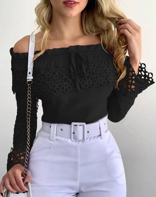Elegant Women's blouses Fashion 2024 Lace Spliced Off Shoulder Guipure Lace Long Sleeve Tassel Drawstring Top