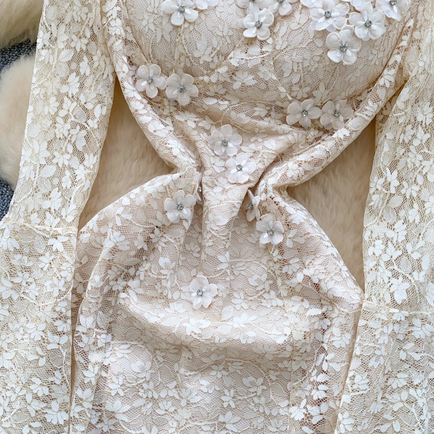 Spring France Elegant Vintage High End Evening Dress Women 3D Flower Lace Hollow Out Party Dress Female Casual Chic Clothing New