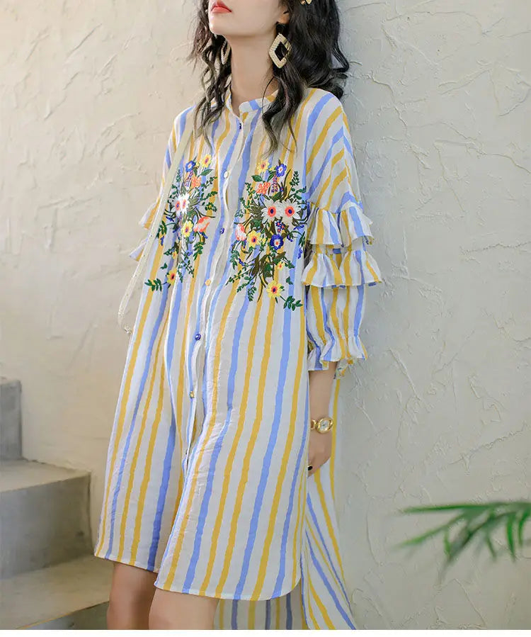 Spring Summer Floral Embroidery Dresses Contrasting Colors Striped Female Single-breasted Ruffles Spliced Straight Midi Dress